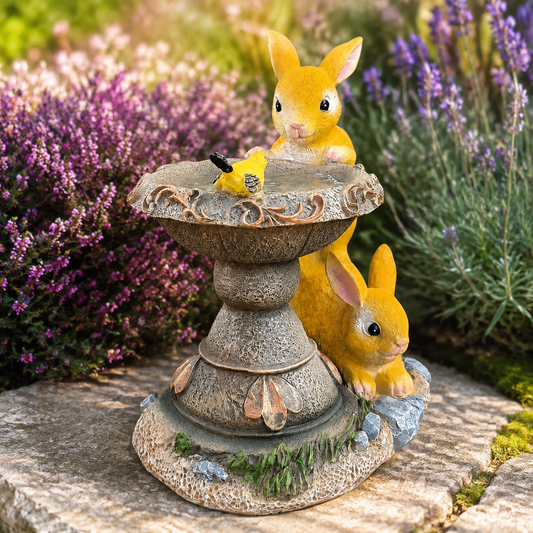 Solar rabbit bird bath ornament among purple flowers in a garden