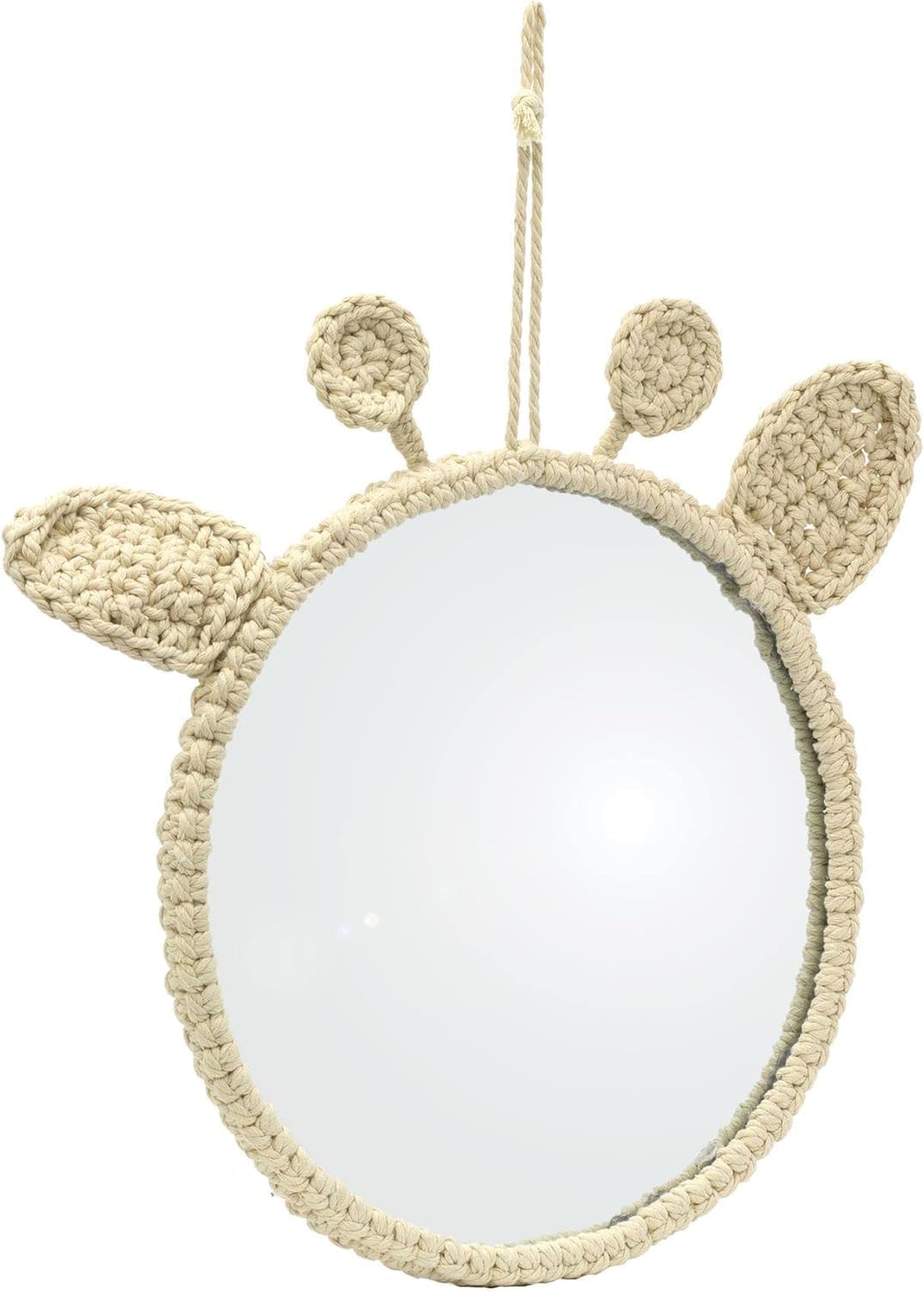 Crocheted mirror shaped like a giraffe on a white background