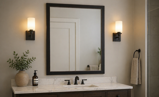Bathroom vanity with mirror, lights, and decor