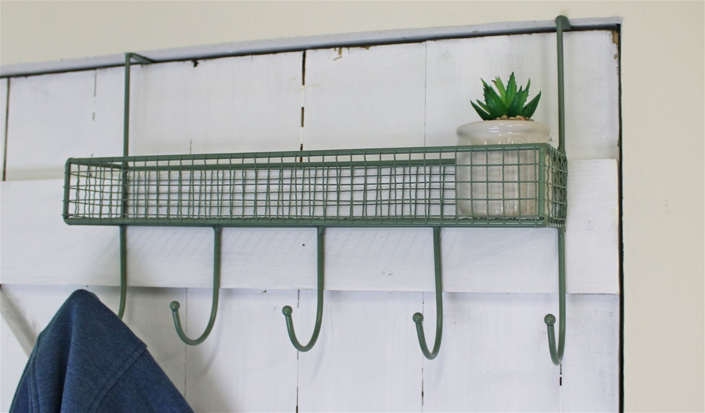 Mesh Over Door Shelf With 5 Hooks Green - BerPar