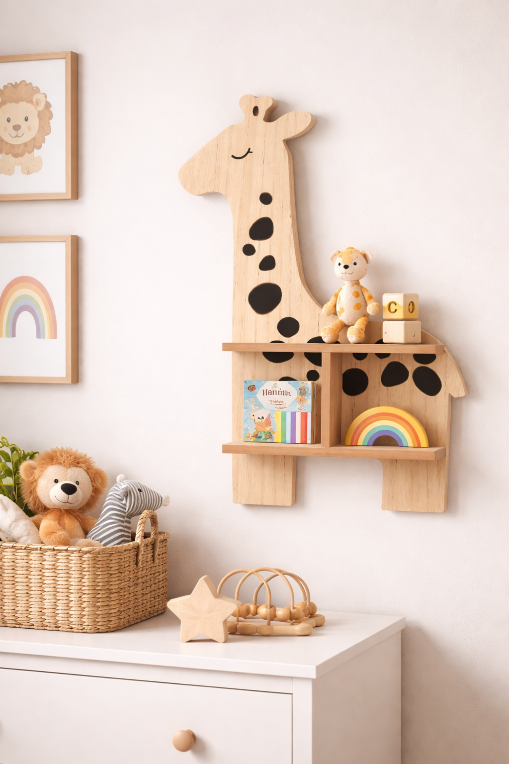 Wooden giraffe shelf with toys in a child's room