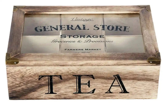 Wooden box with 'Vintage General Store Storage' and 'TEA' text on a white background