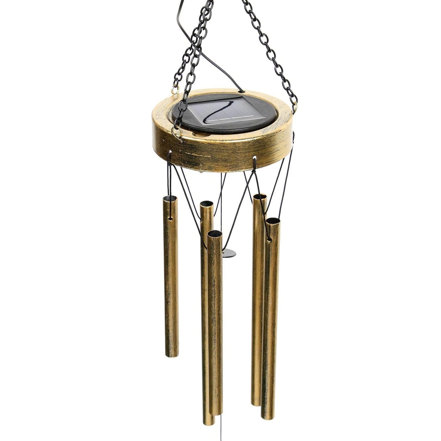 Bronze wind chime with solar panel on a white background