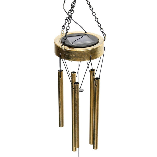 Bronze wind chime with solar panel on a white background