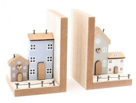 Pair of Wooden House Country Bookends - Rustic Home Decor for Shelves & Tables - BerPar