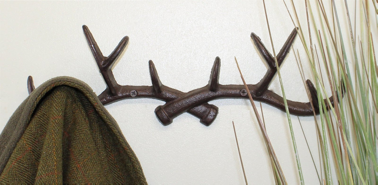 Rustic Cast Iron Wall Hooks, Stag Antlers, Large - BerPar