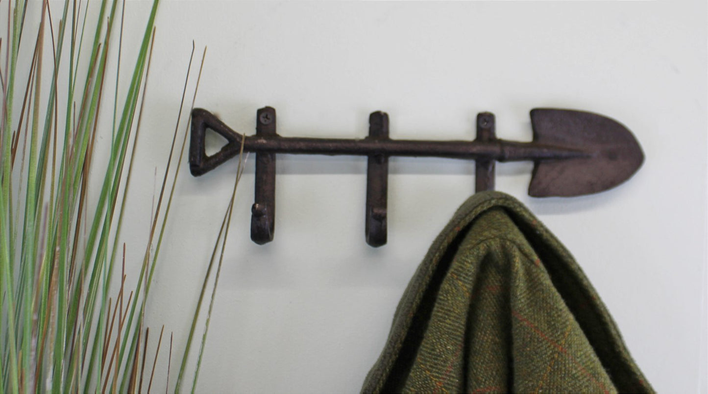 Rustic Cast Iron Wall Hooks, Garden Spade Design With 3 Hooks - BerPar