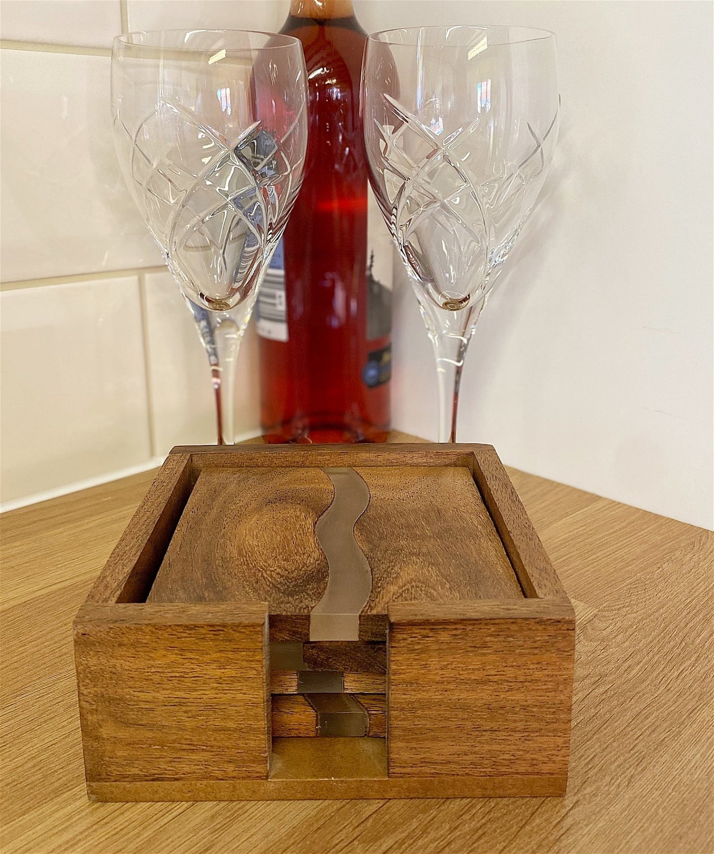 Wooden Wave Design Coasters In A Wooden Holder - BerPar