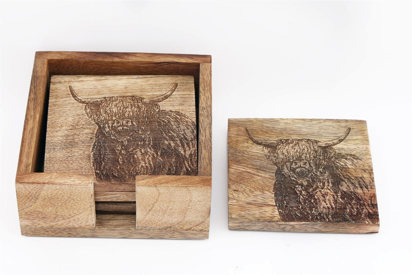 Wooden Set of 4 Engraved Cow Coasters - BerPar