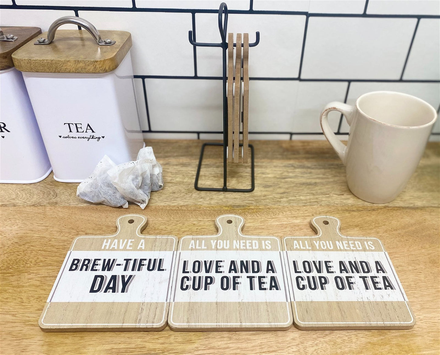 Set of Six Tea Slogan Coasters On Metal Stand - BerPar