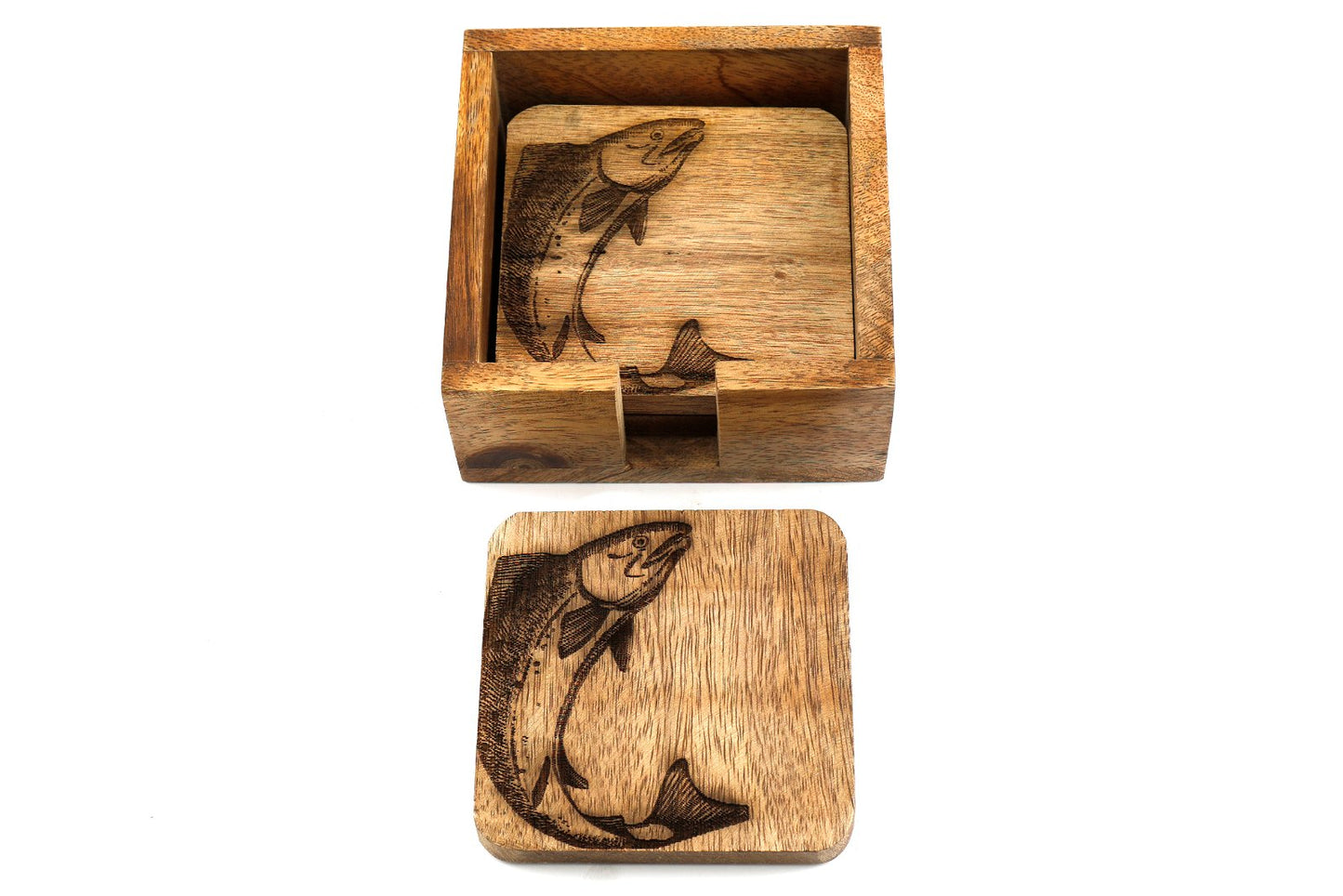 Set Of Four Wooden Engraved Salmon Coasters - BerPar