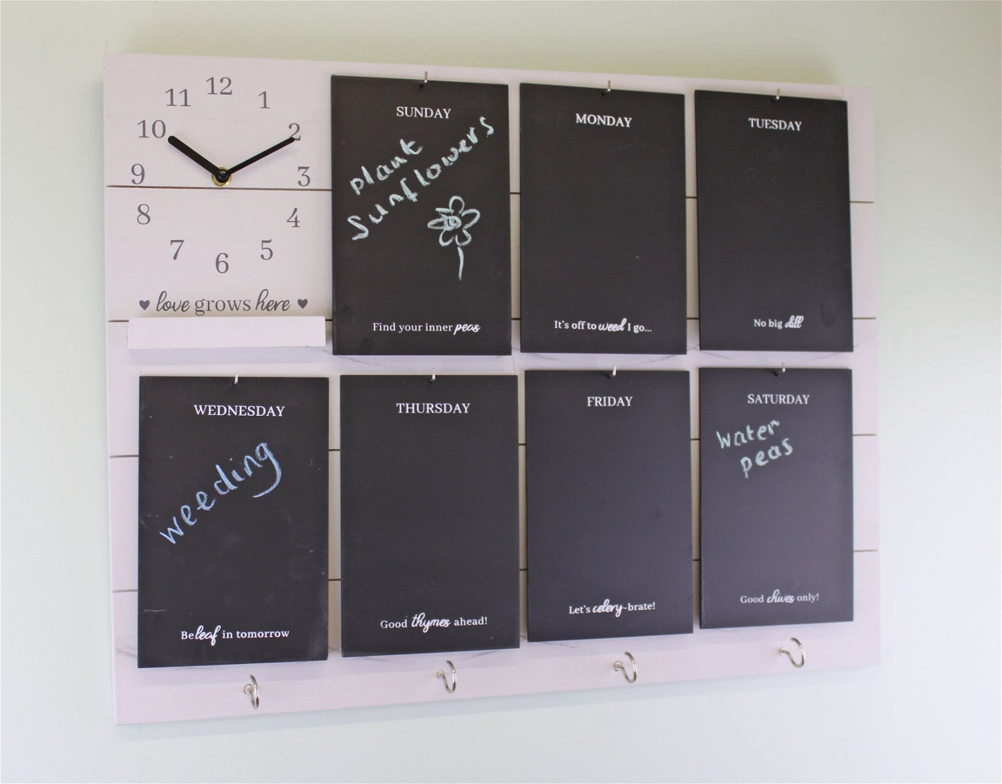 Potting Shed Weekly Reminder Chalkboard With Clock & Hooks, White - BerPar