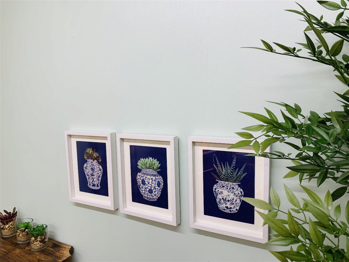 Set of 3 Photo Frames Depicting Succulents In A Blue Vase 25cm - BerPar