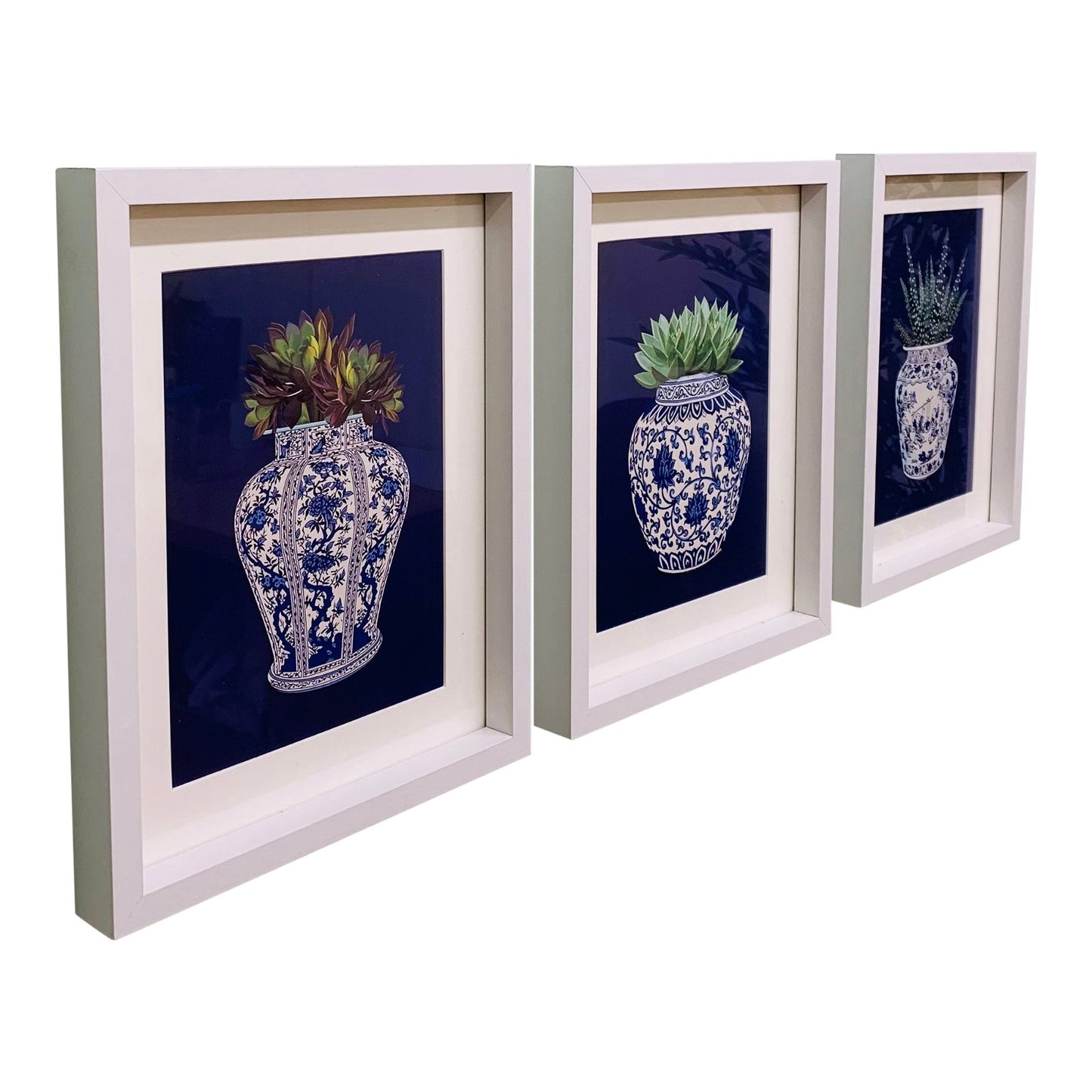 Set of 3 Photo Frames Depicting Succulents In A Blue Vase 25cm - BerPar