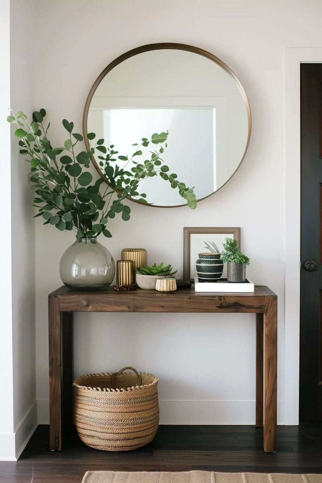 Rustic wooden console table with round mirror, greenery, and home decor accents for entryway styling