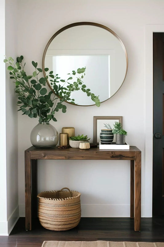 Rustic wooden console table with round mirror, greenery, and home decor accents for entryway styling