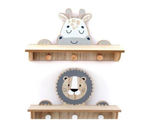 Lion and giraffe kids wall shelf with hooks