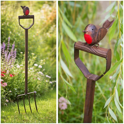 Garden tool with a decorative bird on top, set against a natural outdoor background.