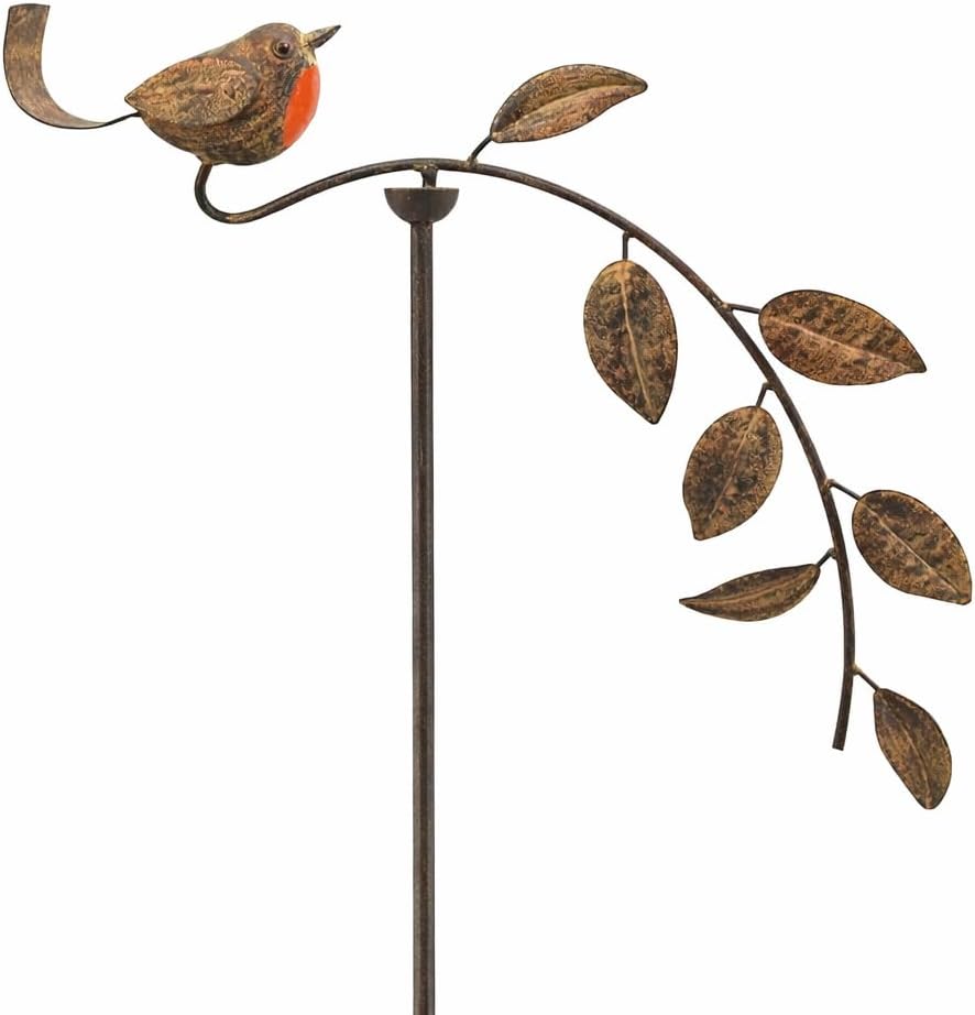 Decorative metal garden stake with a bird and leaves on a white background