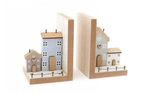 Pair of Wooden House Country Bookends - Rustic Home Decor for Shelves & Tables - BerPar