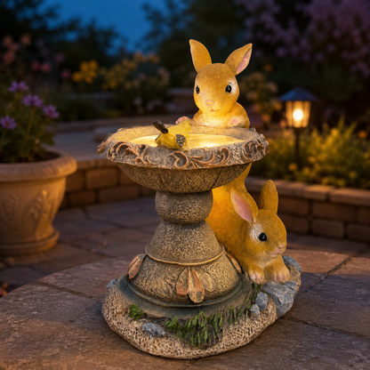 Solar rabbit bird bath ornament glowing at night on a patio