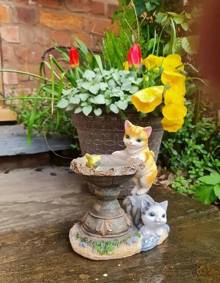 Solar cat bird bath ornament on a garden path with potted flowers