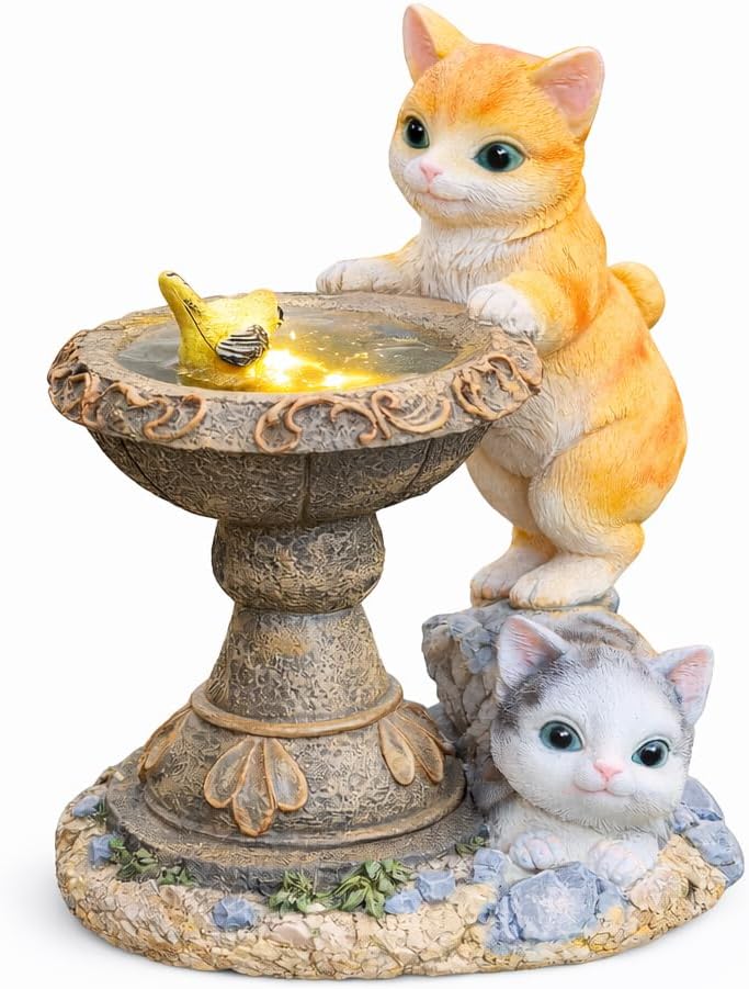 Solar cat bird bath garden ornament with two kittens on a white background