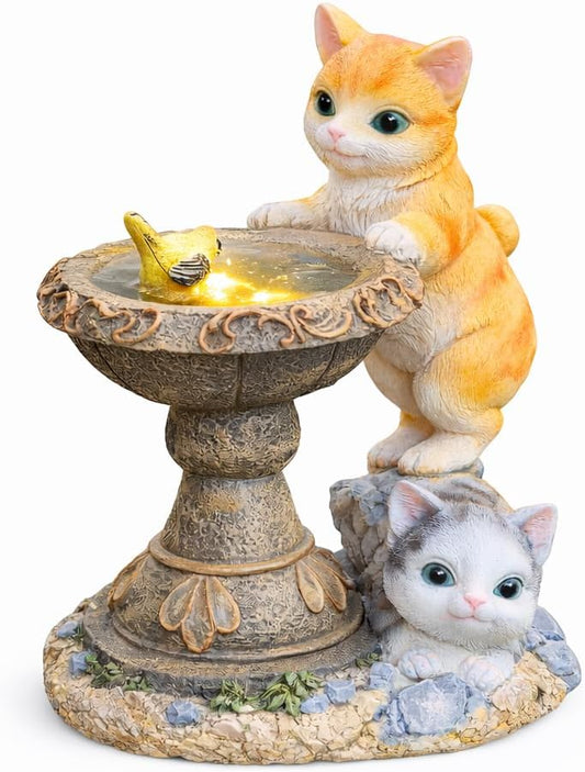 Solar cat bird bath garden ornament with two kittens on a white background
