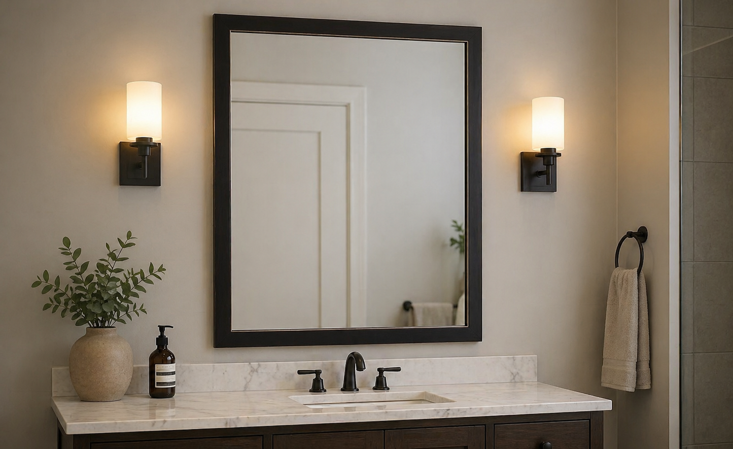 Bathroom vanity with mirror, lights, and decor