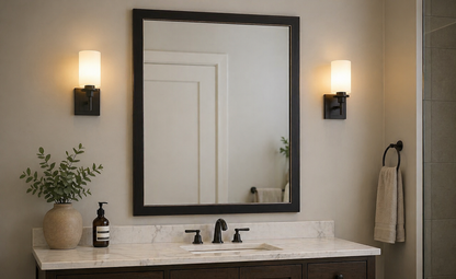 Bathroom vanity with mirror, lights, and decor