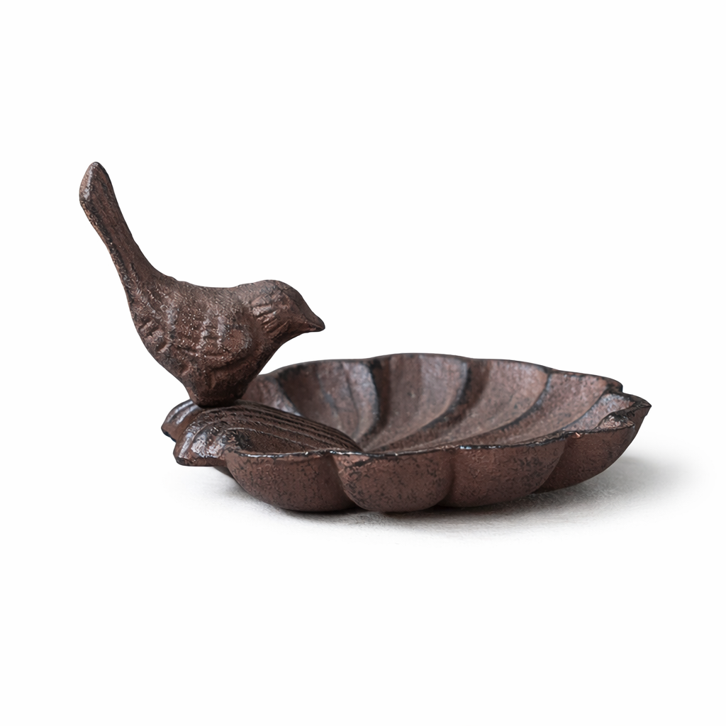 Cast iron flower bird feeder dish with bird ornament, side view