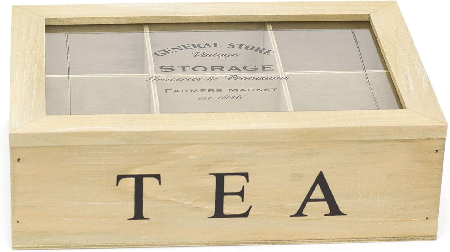 Wooden tea box with 'General Store' branding and 'TEA' text on a white background