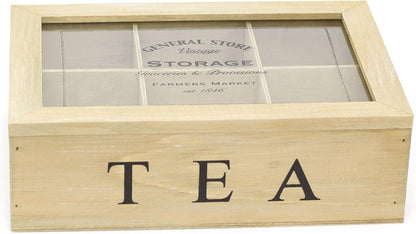 Wooden tea box with 'General Store' branding and 'TEA' text on a white background
