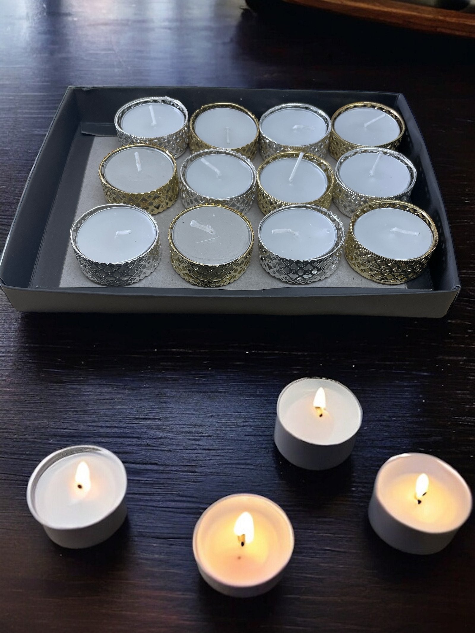 Silver and Gold Heart Pattern Tea Light Candles, Pack of 12 - BerPar