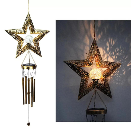 Star-shaped hanging lantern with wind chime on a white background
