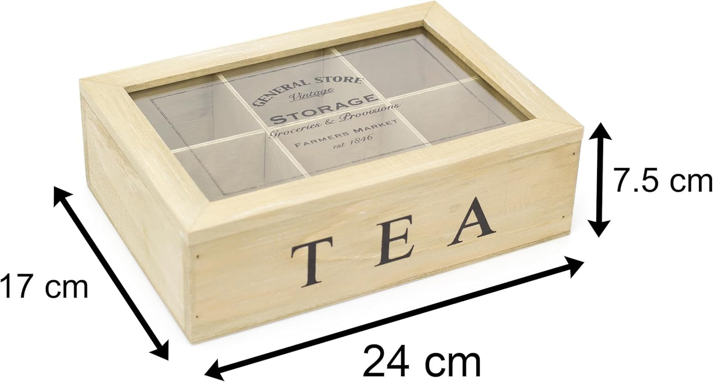 Wooden tea storage box with clear lid, dimensions indicated.