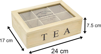Wooden tea storage box with clear lid, dimensions indicated.