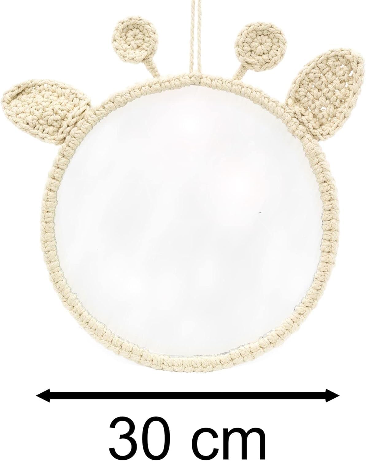 Round mirror with animal ears and a measurement label indicating 30 cm.