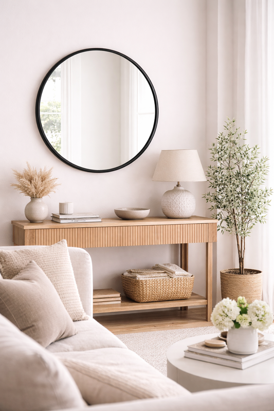 Living room with a round mirror, wooden console table, and decorative items.