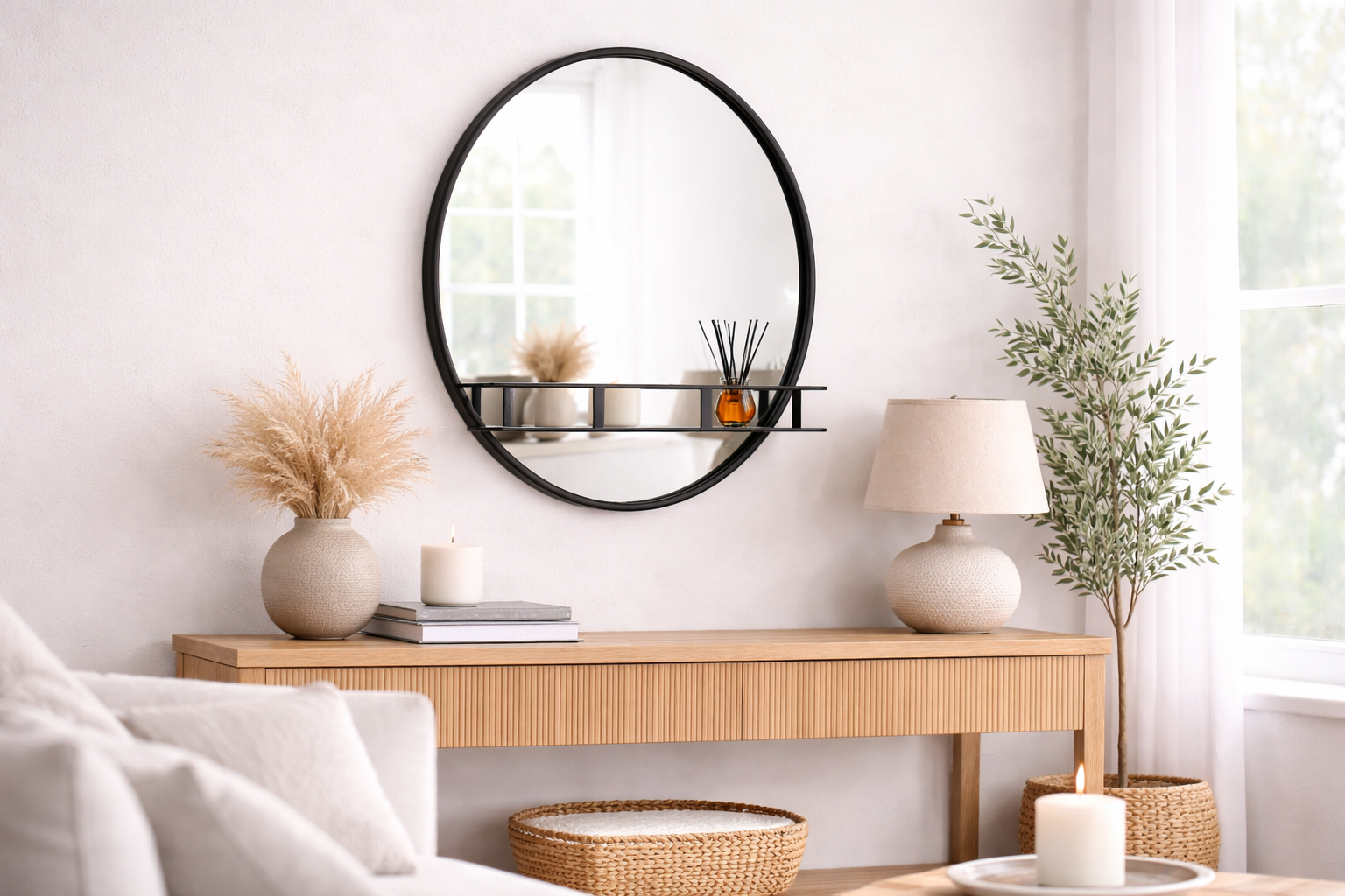 Round mirror on a white wall above a wooden console table with decorative items.