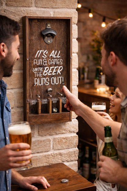 Two men at a bar with a bottle opener wall mounted on a brick wall, featuring a humorous quote.