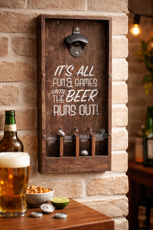 Wooden bottle opener beer game being used in a home bar during a social gathering