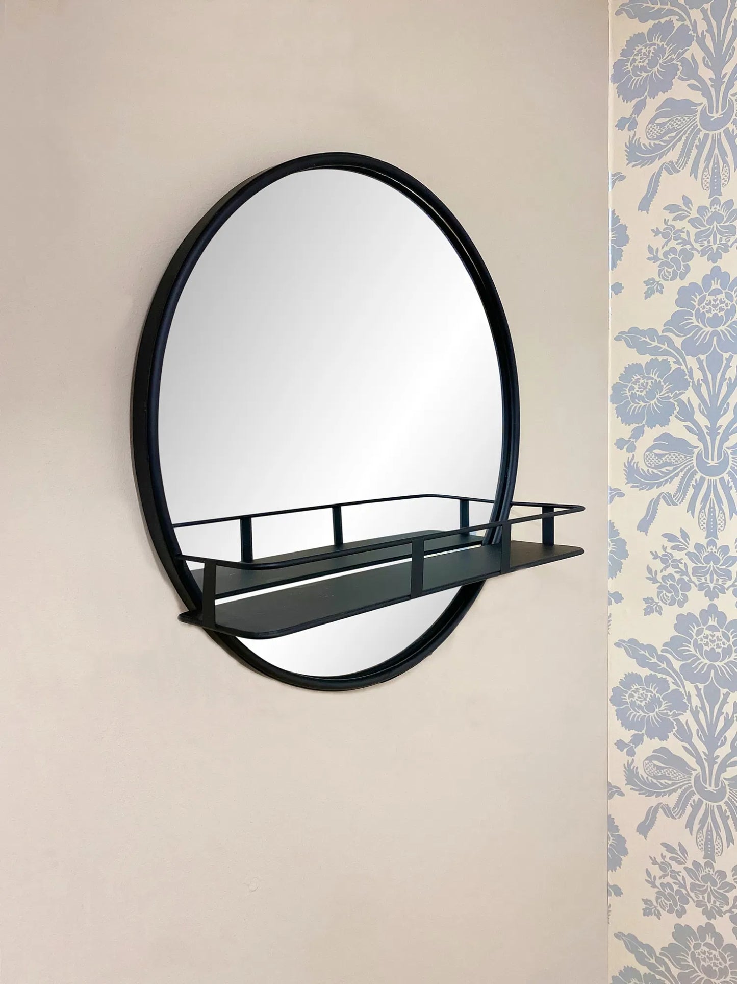 50cm Circular Black Metal Framed Mirror with Shelf - Modern Wall Decor for Home - BerPar