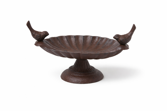 Cast iron scalloped oval bird bath with two decorative birds