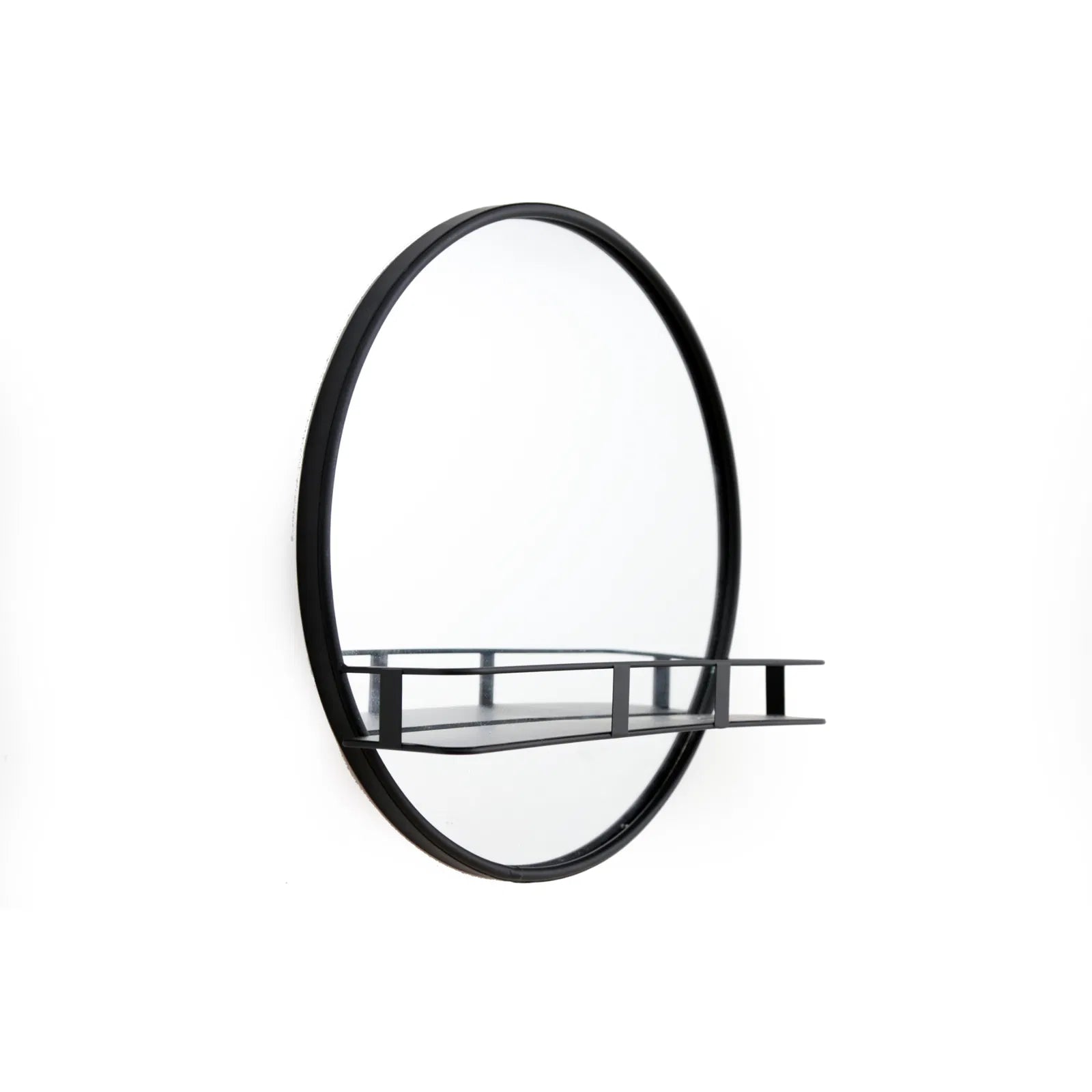 50cm Circular Black Metal Framed Mirror with Shelf - Modern Wall Decor for Home - BerPar