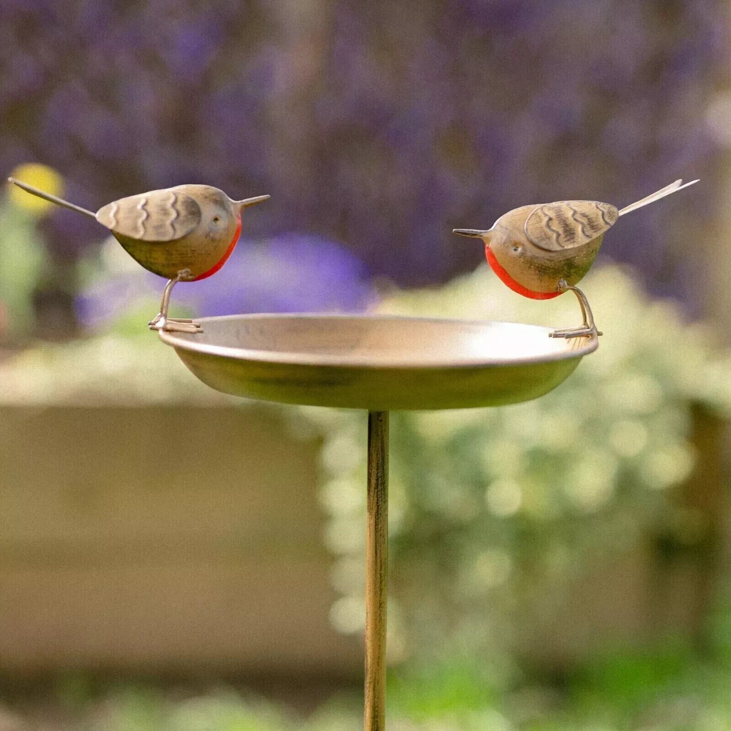 Duo Robin Bird Bath on Tall Spike - Metal British Garden Bird Ornament - BerPar