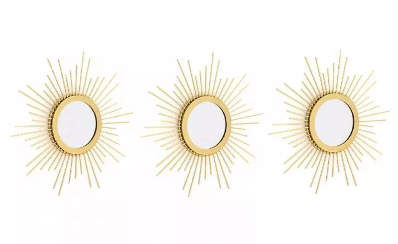 Set of 3 Gold Sunburst Wall Mirrors - Elegant 25cm Decorative Accent for Home Decor - BerPar