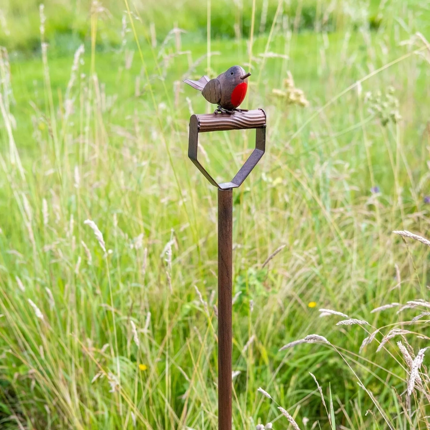 1.1m Rustic Metal Robin Garden Stake Ornament - Fork Design Plant Support - BerPar