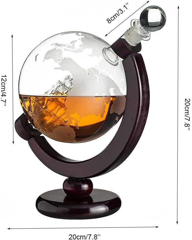 Decorative glass decanter with wooden base and measurements on a white background