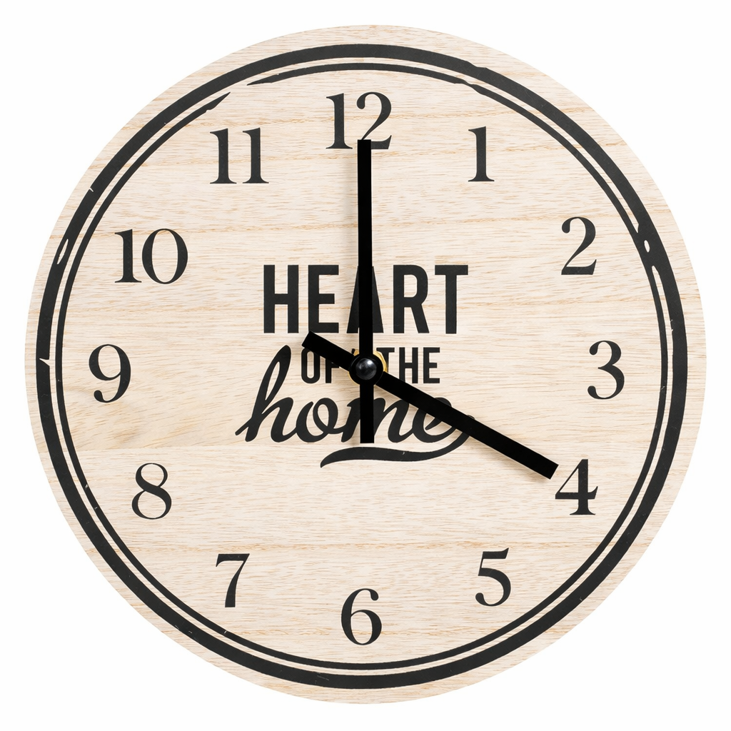Wooden wall clock with 'Heart of the Home' text on a white background